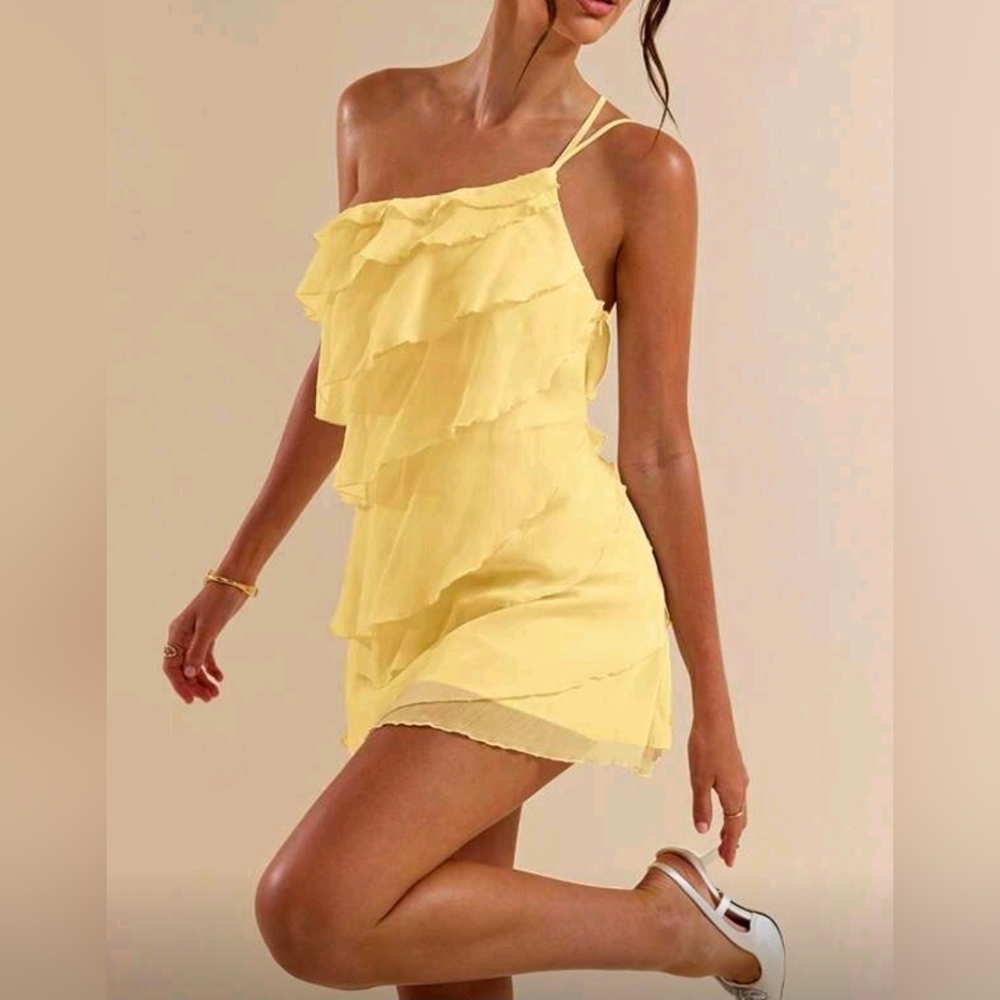 New Flirty Sheer Chiffon Layered Ruffle One Shoulder Mini Dress Yellow - Picture 6 of 9